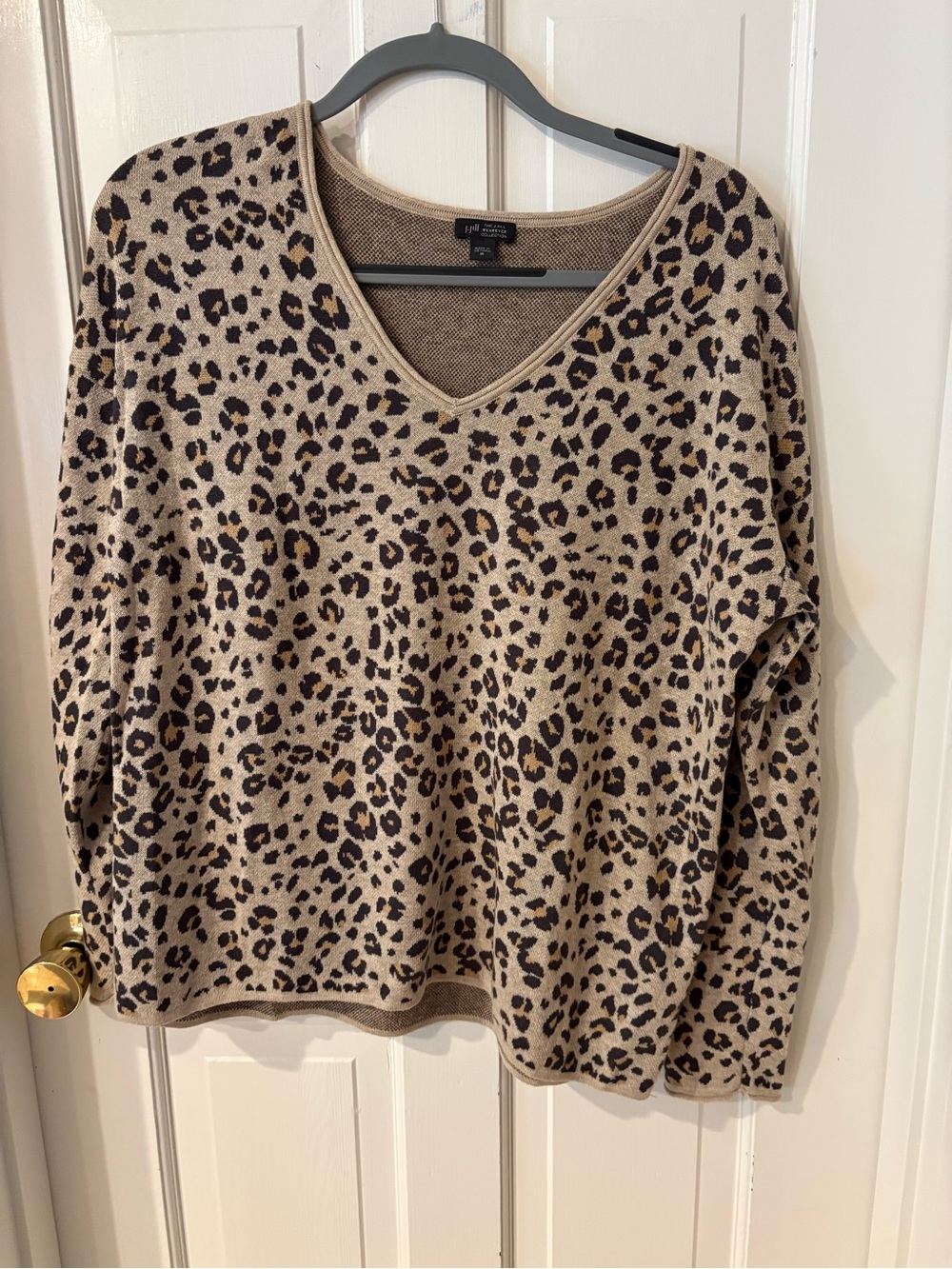 J Jill Leopard Print V-Neck Sweater - Tan/Black